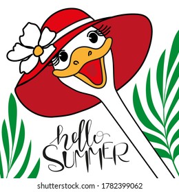 Happy ostrich in a red hat with a white flower and palm leaves. Hello Summer lettering. Freshness and summer vacation concept. Flyer, invitation, poster, card, web, banner, packaging.