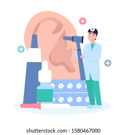 Happy Otolaryngologist Man Doctor With Otoscope And Frontal Reflector Make Ear Examination. Flat Vector Cartoon Illustration. Drops For Nose, Ointment, Tablets Items.