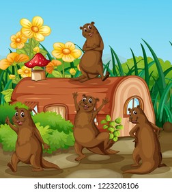 Happy otter next to wooden house illustration