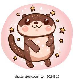 happy otter on pink background logo vector