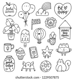 Happy outline doodle characters collection, vector illustrations