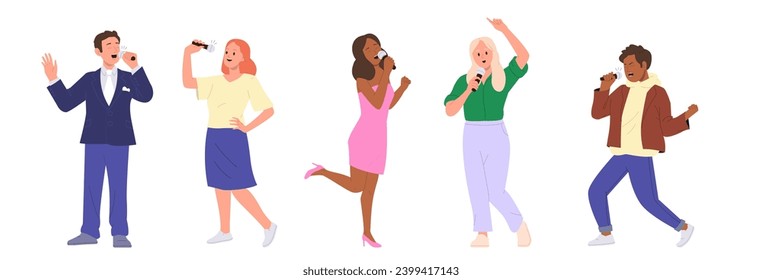 Happy overjoyed people cartoon characters singing karaoke dancing enjoying hobby recreation time