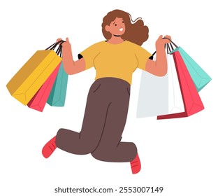 Happy overjoyed woman shopaholic cartoon character jumping with lots of shopping bags in hands isolated on white background. Cheerfully smiling girl purchasing with pleasure vector illustration