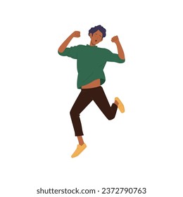 Happy overjoyed young man cartoon character rejoicing achievement and victory jumping in air