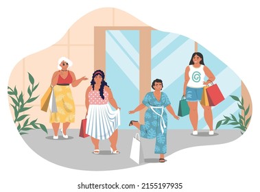 Happy Oversize Woman After Clothing Shopping Vector. Fashion Store Shop Boutique Exterior And Plus Size Girl Wearing New Apparel Cartoon. Sale Discount And Consumerism