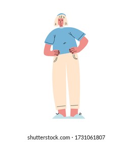 Happy overweight blond-haired man standing in white pants and a blue t-shirt. Vector illustration in cartoon style.