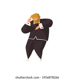 Happy overweight dancing man in suit flat icon vector illustration