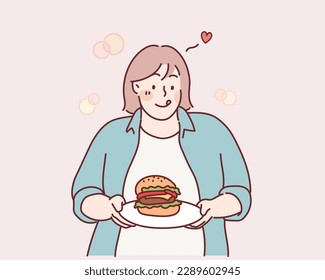 Happy overweight fat woman happy hold big burger with beef. Hand drawn style vector design illustrations.