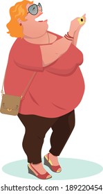 Happy overweight female tourist with a photo camera