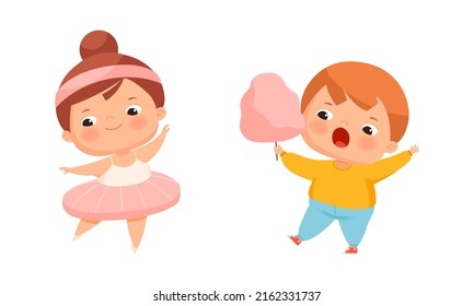 Happy overweight kids doing different activities set. Cute boy and girl dancing and eating sweets cartoon vector illustration