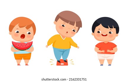Happy overweight kids doing different activities set cartoon vector illustration