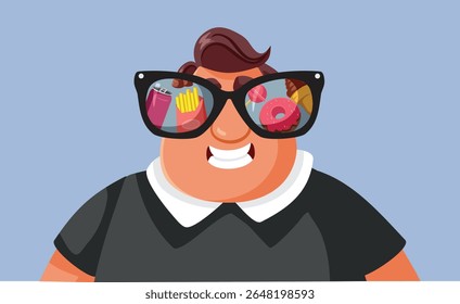
Feliz excesso de peso homem anseia por Junk Food Vetor Ilustração. O cara alegre sente-se temperado por compulsão comendo fast-food e sobremesas 