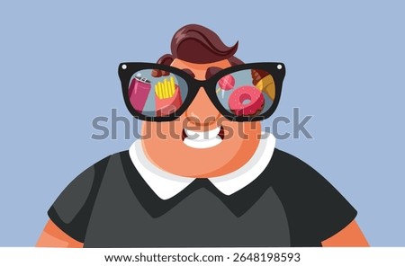 
Happy Overweight Man Craving for Junk Food Vector Illustration. Cheerful guy feeling tempered by binge eating fast food and desserts 