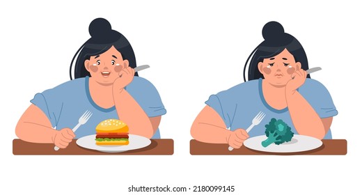 A Happy Overweight Woman Eats A Hamburger And A Sad Obese Woman On A Diet Eats Broccoli. Healthy Lifestyle And Bad Habits. Vector Illustration