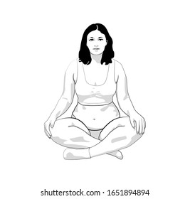 Happy overweight woman exercising on a white background. Practicing Yoga Lotus. Young woman black line on white background 