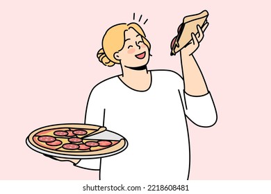 Happy overweight woman with pizza in hands enjoy fast food. Smiling fat female eating Italian food. Body positive. Vector illustration. 