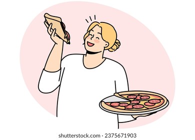 Happy overweight woman with pizza in hands enjoy fast food. Smiling fat female eating Italian food. Body positive. Vector illustration.