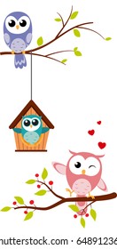 Happy Owl background with tree branch