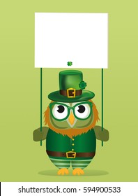 Happy owl with beard and mustache in a national costume and hat on St. Patrick's Day holding an empty poster with clover for your text or advertisement. Greeting card for the holiday.Invitation.Vector