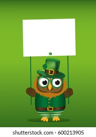 Happy owl with beard and mustache in a national costume and hat on St. Patrick's Day holding an empty poster with clover for your text or ad. Greeting card for the holiday. Invitation. Vector