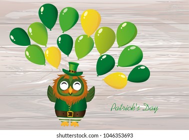 A happy owl with a beard in a suit and a hat on St. Patrick's Day smiles and throws a lot of green balloons. Greeting card or invitation. Vector illustration. Empty space for text labels and advertisi