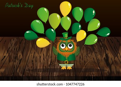 A happy owl with a beard in a suit and a hat on St. Patrick's Day smiles and throws a lot of green balloons. Greeting card or invitation. Vector illustration. Empty space for text labels and advertisi