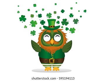 A happy owl with a beard in a suit and hat on St. Patrick's day smiles and throws a lot of clover of the three-leafed wings. Greeting card or invitation. Vector. Empty space for text labels and ad