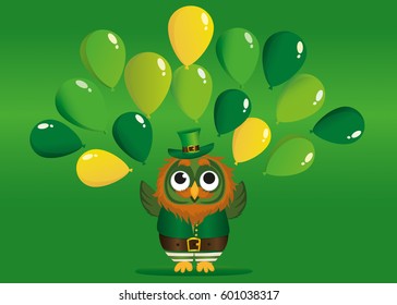 A happy owl with a beard in a suit and a hat on St. Patrick's Day smiles and throws a lot of green balloons. Greeting card or invitation. Vector. Empty space for text labels and advertising