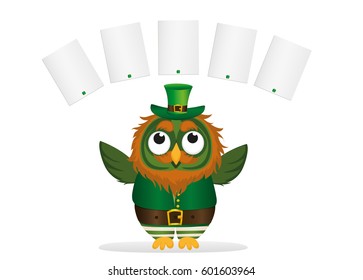 A happy owl with a beard in a suit and hat on St. Patrick's day smiles and Raise your wings and throw blank pages for your text or advertisement. Greeting card or invitation. Vector illustration.