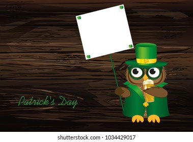 Happy owl with beer and beard and mustache in a national costume and hat on St. Patrick's Day holding an empty poster with clover for your text or advertisement. Greeting card for holiday. Invitation.