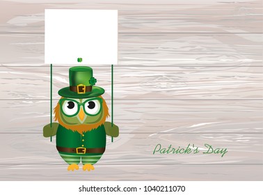 Happy owl with beer and beard and mustache in a national costume and hat on St. Patrick's Day holding an empty poster with clover for your text or advertisement. Greeting card for the holiday. Invitat