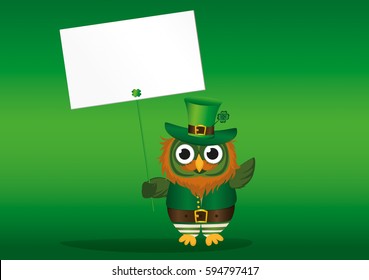 Happy owl with beer and beard  in a national costume and hat on St. Patrick's Day holding an empty poster with clover for your text or advertisement. Greeting card for the holiday. Invitation. Vector