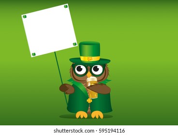 Happy owl with beer in a national costume and hat on St. Patrick's Day holding an empty poster with clover for your text or advertisement. Greeting card for the holiday. Invitation. Vector
