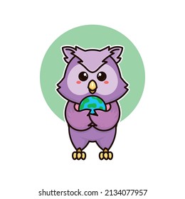 happy owl bird and earth planet adorable cartoon doodle vector illustration flat design style