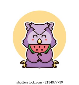 happy owl bird eat watermelon fruit adorable cartoon doodle vector illustration flat design style