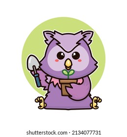 happy owl bird and plant tree nature adorable cartoon doodle vector illustration flat design style