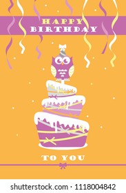 happy owl birthday card design. vector illustration.