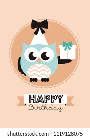 happy owl birthday card design. vector illustration.
