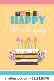 happy owl birthday card design. vector illustration.
