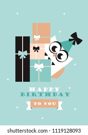 happy owl birthday card design. vector illustration.

