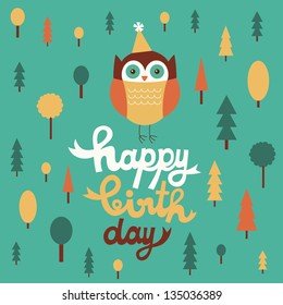 happy owl birthday card design. vector illustration