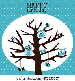 happy owl birthday card design. vector illustration