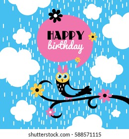 happy owl birthday card design. vector illustration