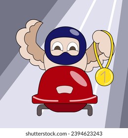 Happy owl bobsleigh winner in blue helmet sitting in red sleigh on icy track and hold a gold medal. Cartoon vector illustration of winter sport.