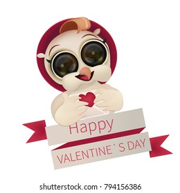  Happy Owl character. Vector gift card for Valentines day and Anniversary. Vector illustration