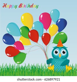 A happy owl with colorful balloons on the green grass. Greeting card and birthday invitation. Vector