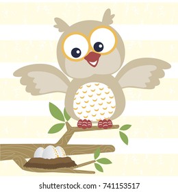 happy owl with its eggs on tree branches, vector cartoon illustration