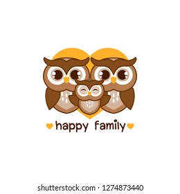 Happy owl family. Dad mom and baby owl cartoon with heart.