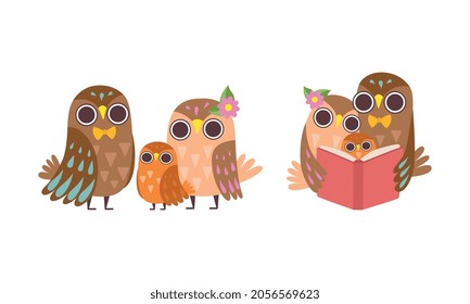 Happy Owl Family with Father, Mother and Baby Standing and Reading Book Vector Set