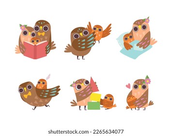 Happy Owl Family with Father, Mother and Baby Vector Set